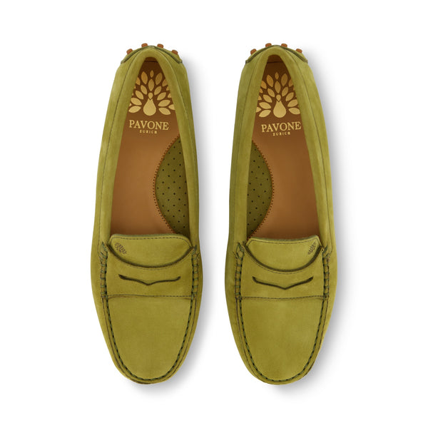 CHLOÉ Damenloafer in olivgrünem Nubukleder - handgefertigter Penny Loafer aus Italien