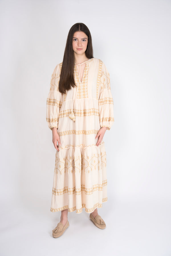 Pearl & Caviar Maxikleid in Butter/Gold – festliches Sommerkleid aus Baumwolle mit edlem Muster