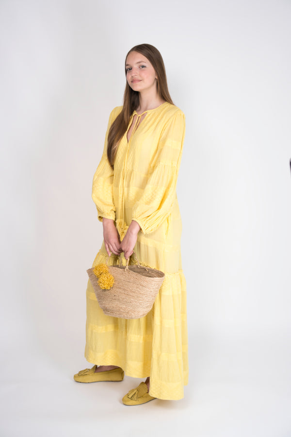 Pearl & Caviar Maxikleid Zakar in Gelb – sonniges Sommerkleid aus Baumwolle mit Zakar-Muster