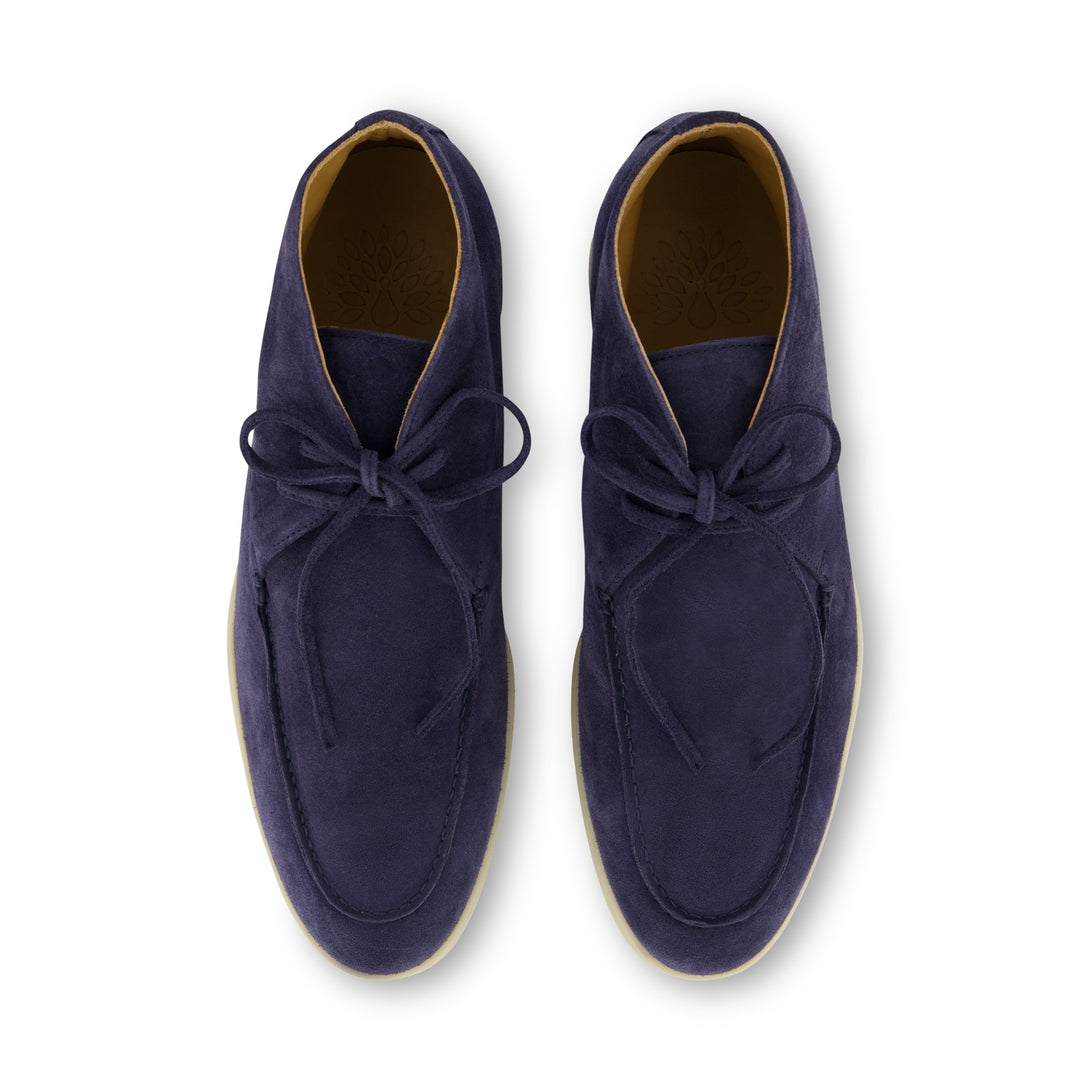 THEODOR Blau Velours Desert Boots - eleganter Herrenschuh mit blauen Lederschnürsenkeln